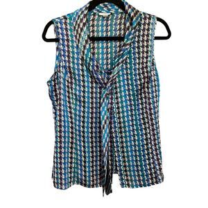 Tahari Women's Colorful Houndstooth Sheer Bow-Tie Sleeveless Size Medium Top